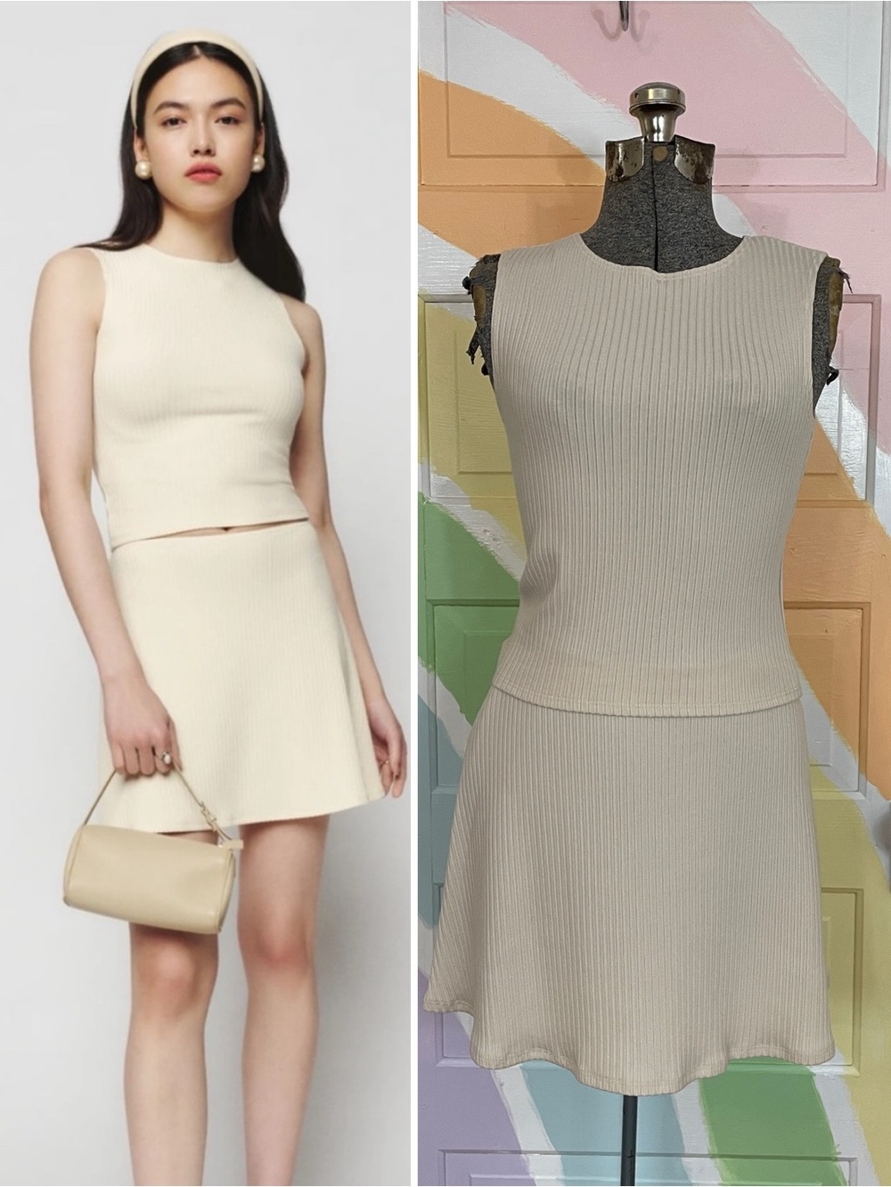 Reformation Andres Knit Two Piece Ribbed Skirt & Tank Set in Bone Sz M 🧡🎀